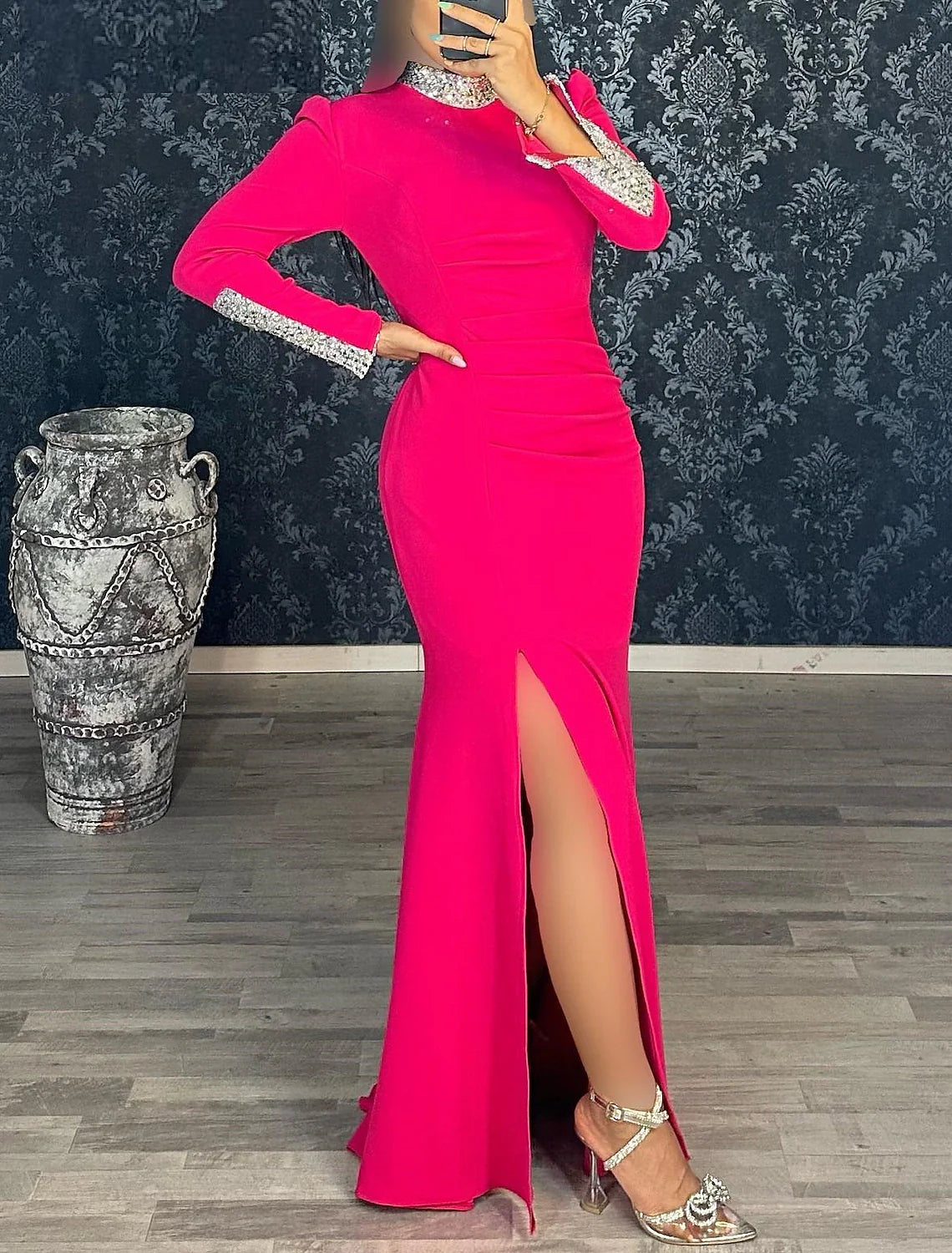 Mermaid Black Dress Plus Size Evening Gown Glittering Dress Formal Wedding Guest Floor Length Long Sleeve High Neck Stretch Fabric with Sequin