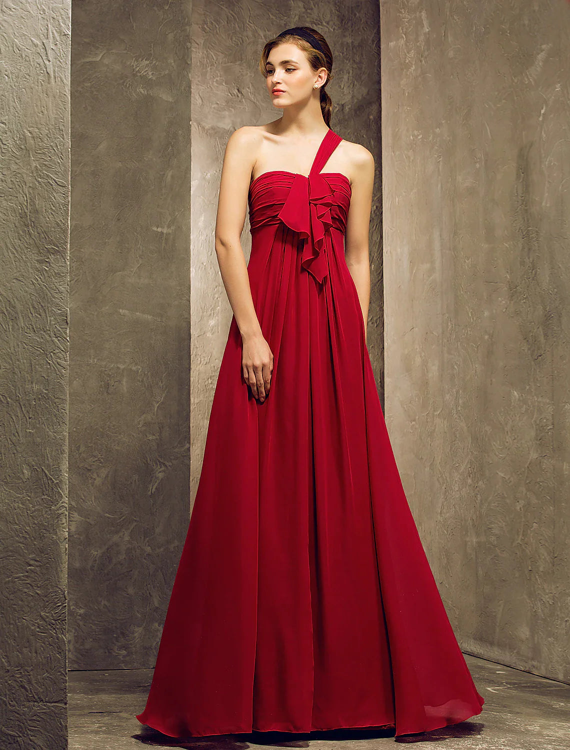 Bridesmaid Dress One Shoulder Sleeveless Elegant Floor Length Chiffon with Ruffles