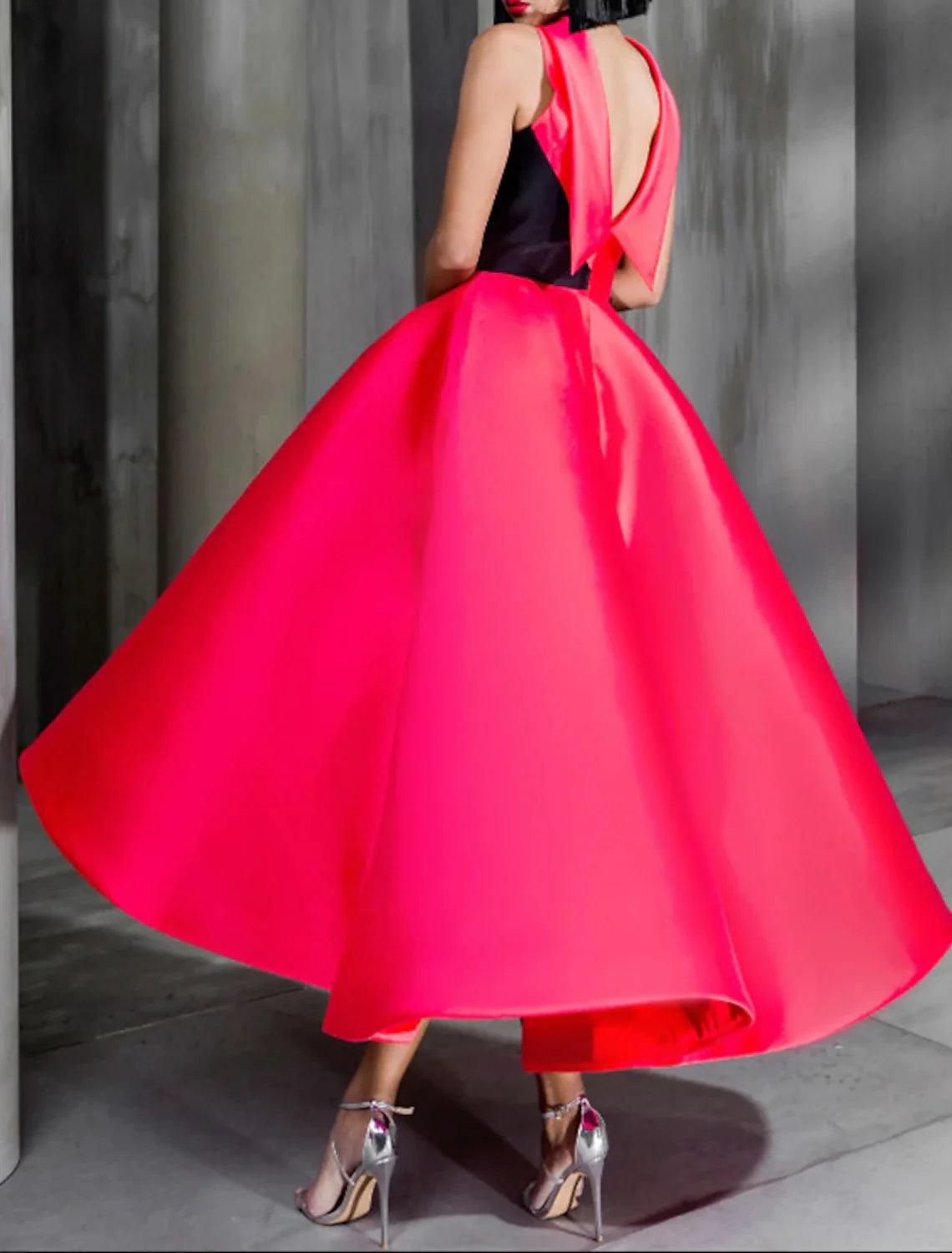 Ball Gown Color Block Celebrity Style Elegant Prom Formal Evening Birthday Dress High Neck Sleeveless Ankle Length Satin with Bow(s)