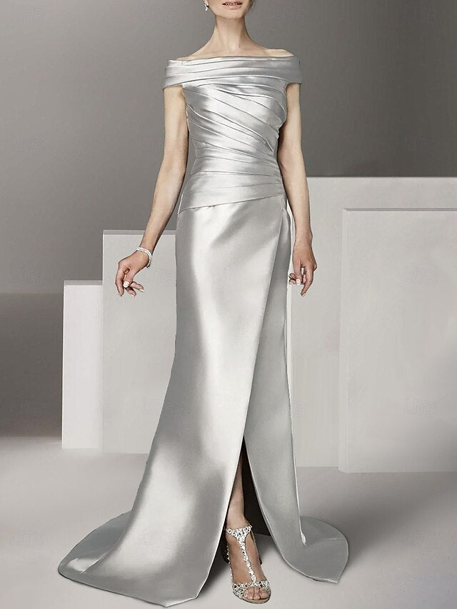 A-Line Mother of the Bride Dress Formal Wedding Guest Elegant Scoop Neck Off Shoulder Floor Length Ankle Length Italy Satin Cap Sleeve with Ruching