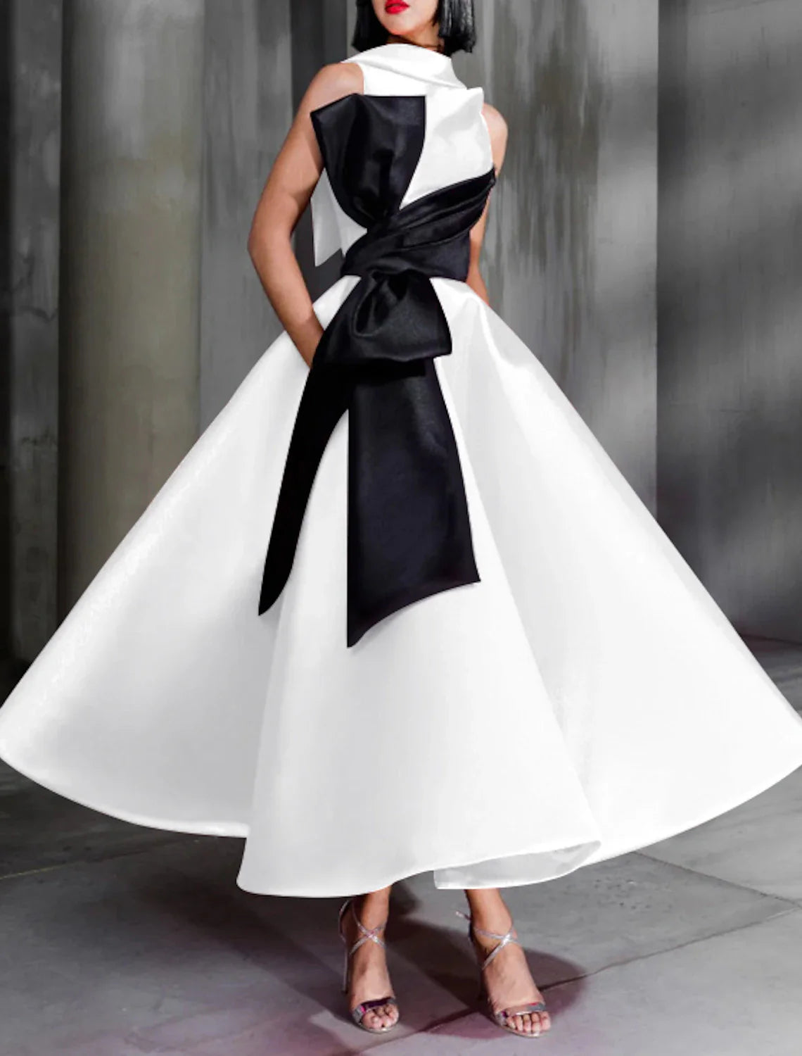 Ball Gown Color Block Celebrity Style Elegant Prom Formal Evening Birthday Dress High Neck Sleeveless Ankle Length Satin with Bow(s)