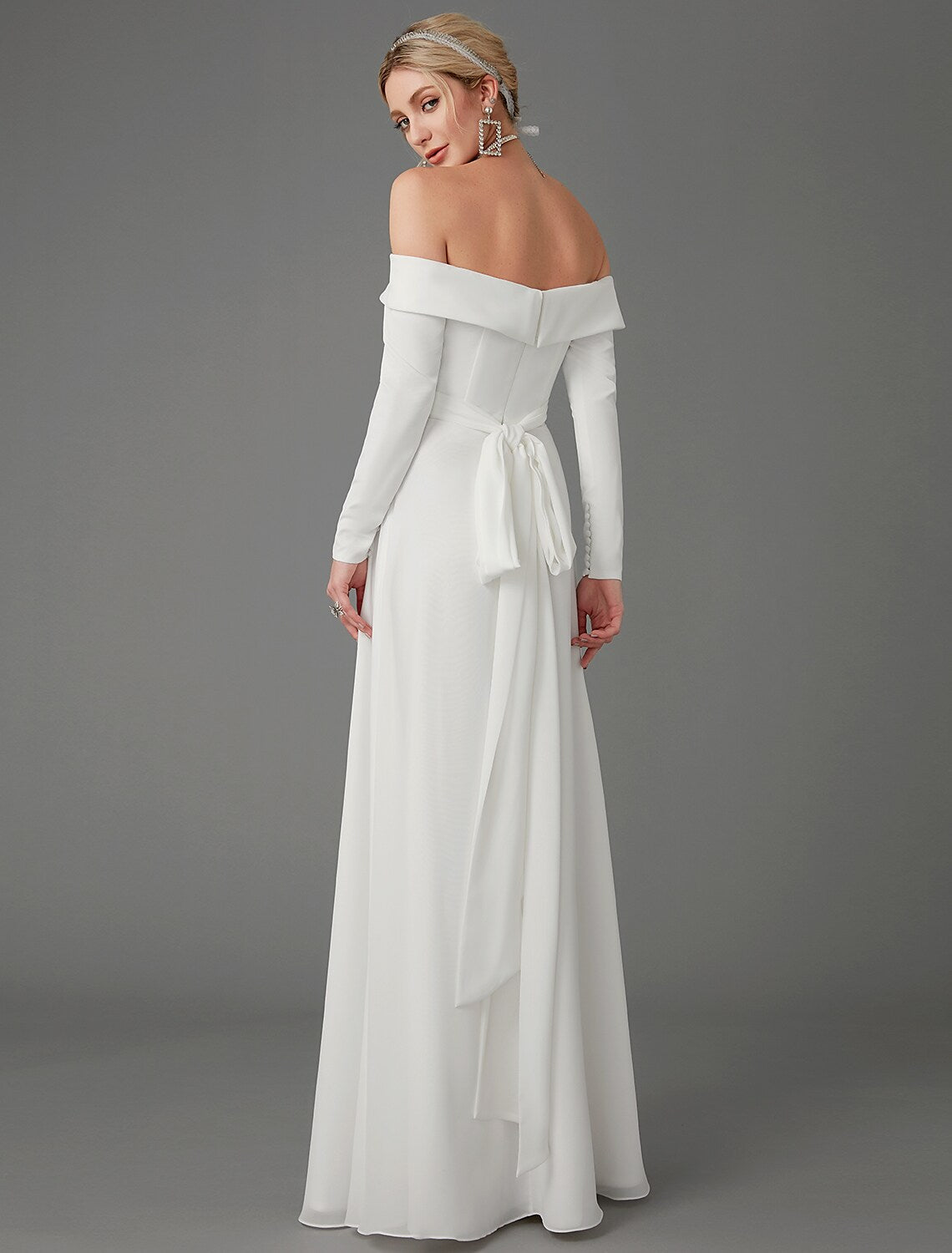 Engagement Formal Wedding Dresses A-Line Long Sleeve Off Shoulder Chiffon With