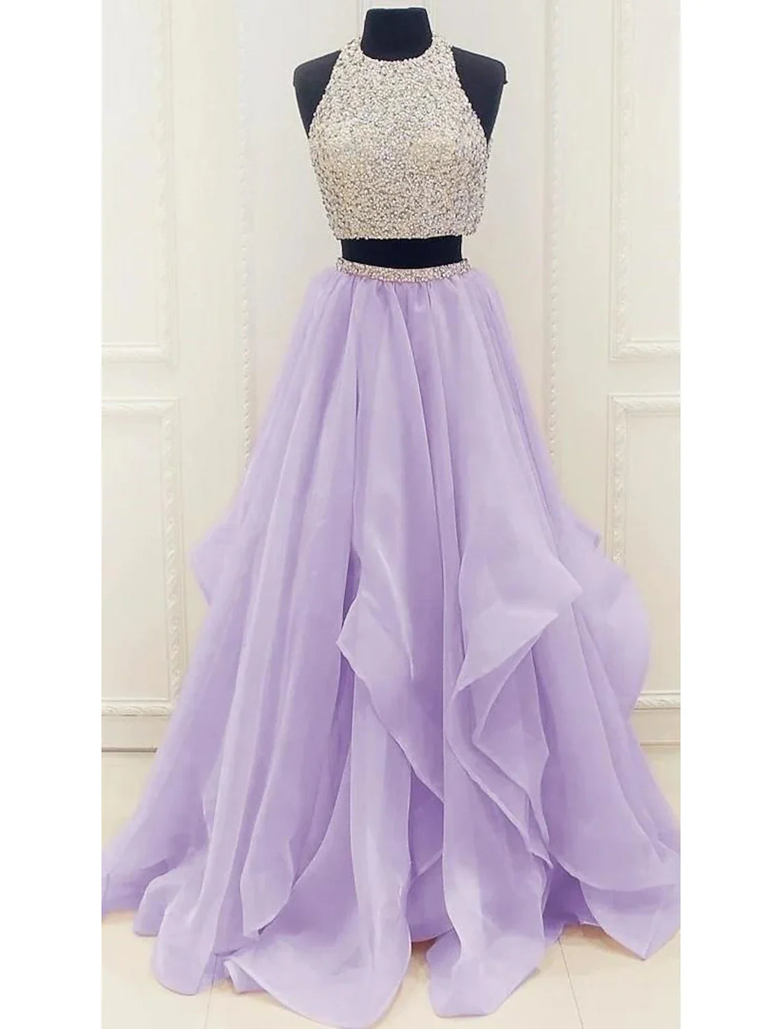 Two Piece Ball Gown Prom Dresses Sparkle & Shine Dress Party Wear Floor Length Sleeveless Halter Organza with Sequin
