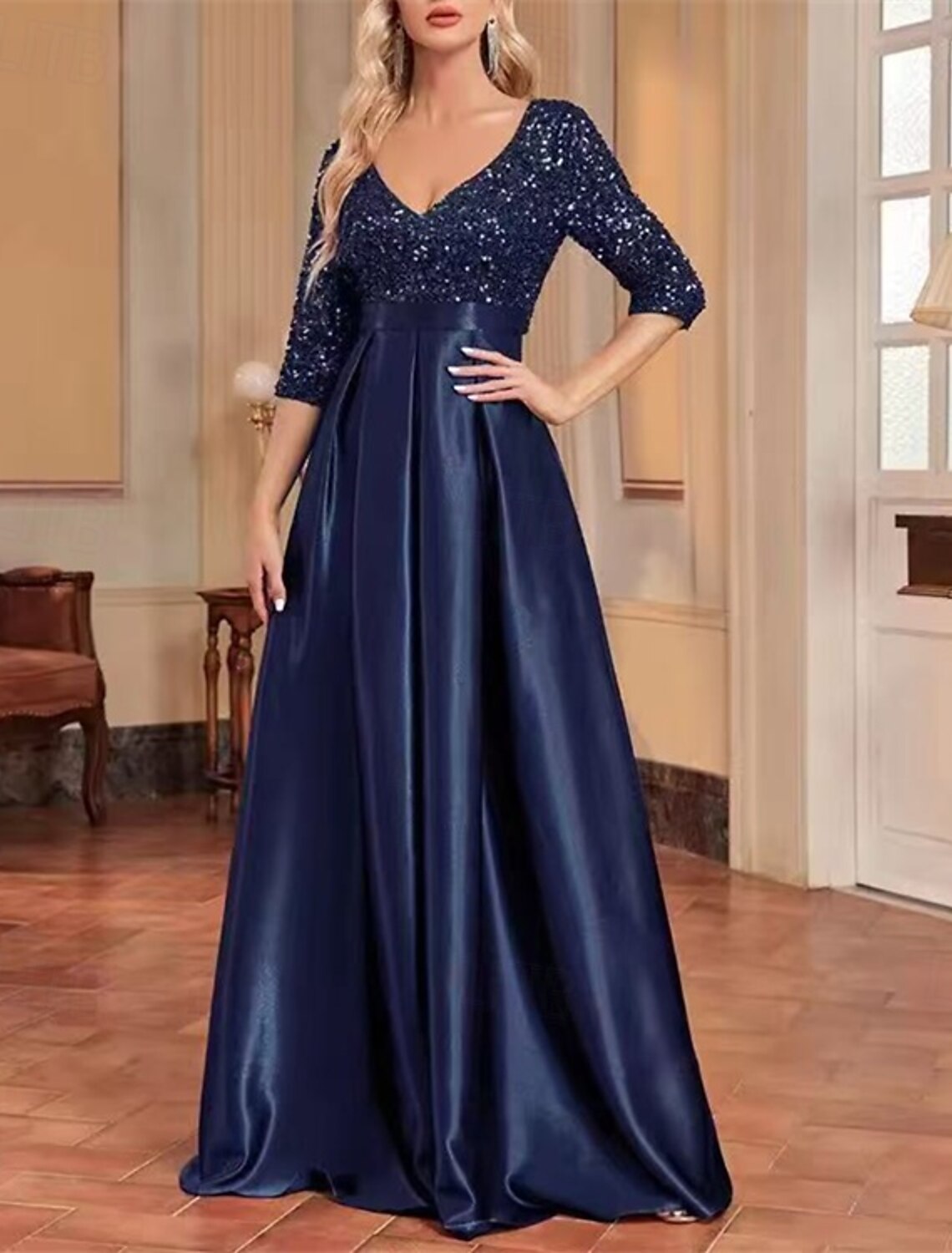 A-Line Evening Gown Party Dress Evening Party Party Wear Floor Length Short Sleeve V Neck Wednesday Addams Family Lace Cowl Back with Glitter Sequin