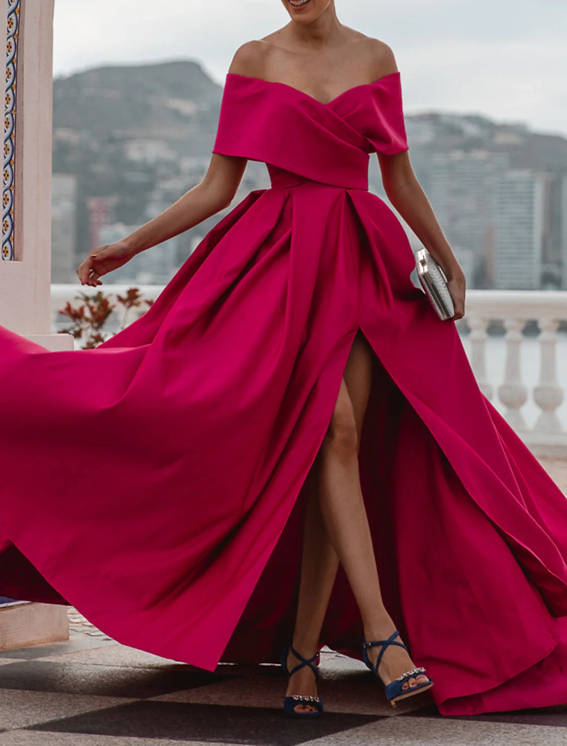 A-Line Evening Gown Party Dress Celebrity Style Dress Formal Wedding Court Train Sleeveless Off Shoulder Bridesmaid Dress Satin with Ruched