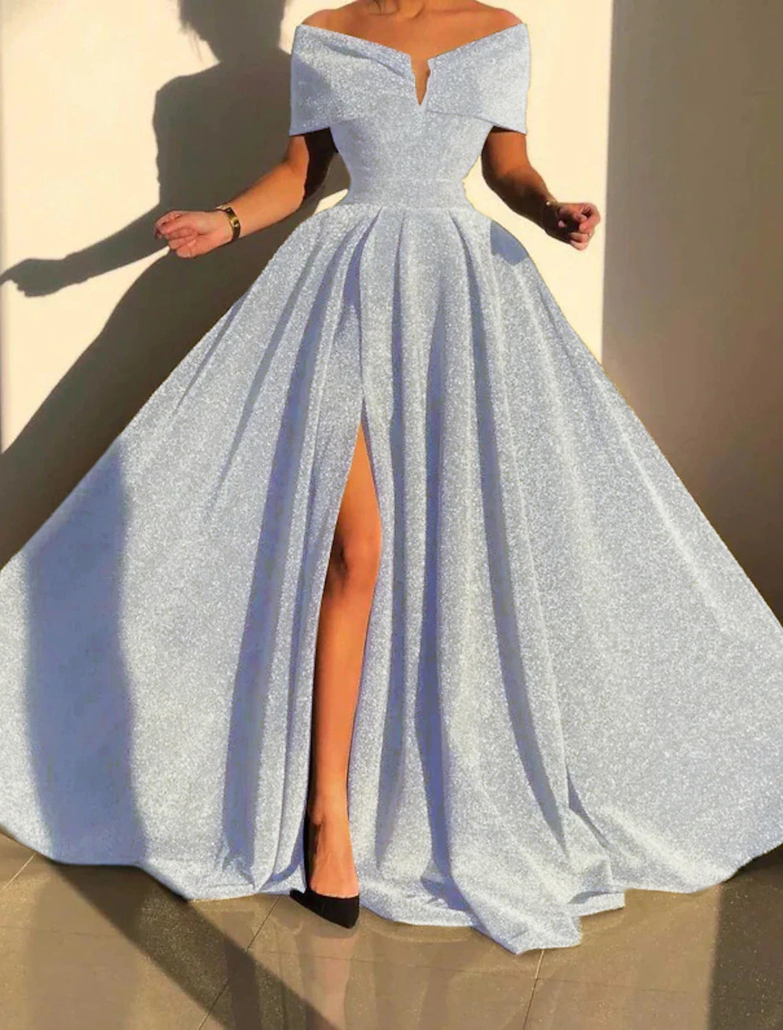 A-Line Sequin Evening Gown Prom Silver Green Sparkle & Shine Black Party Formal Dress Formal Fall Court Train Sleeveless Off Shoulder Slit