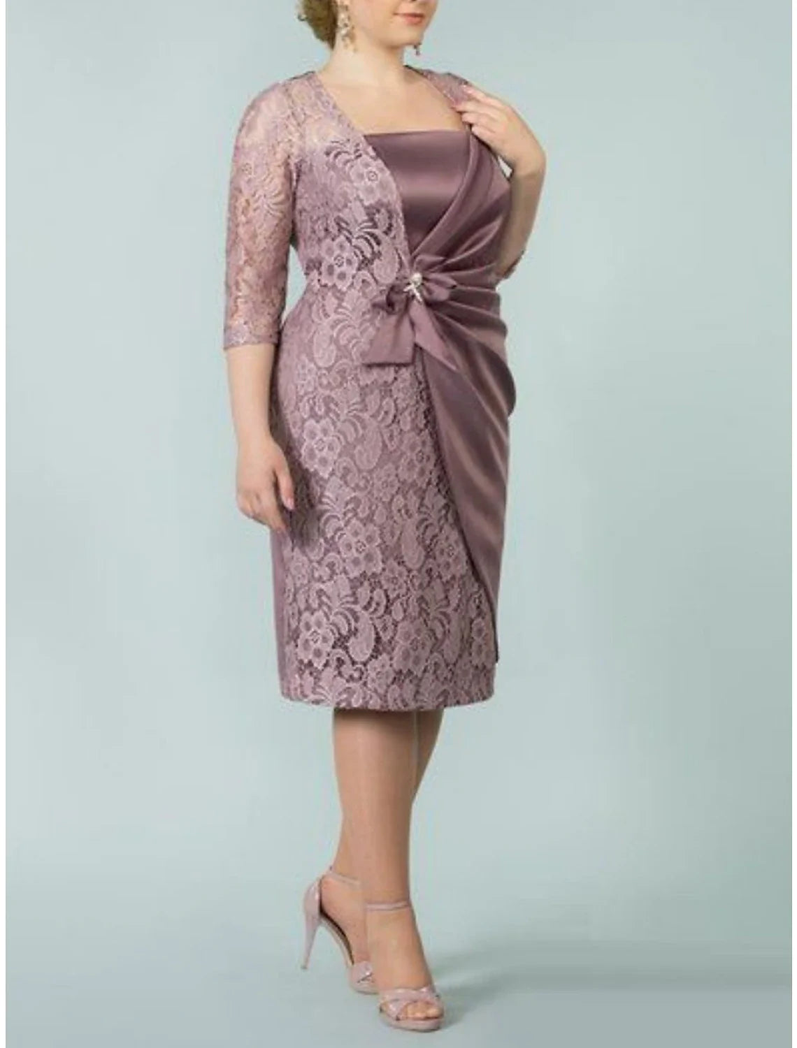 Mother of the Bride Dresses Plus Size Curve Hide Belly Wedding Guest Party Elegant Square Neck Tea Length Lace Imitated Silk 3/4 Length Sleeve with Bow(s)