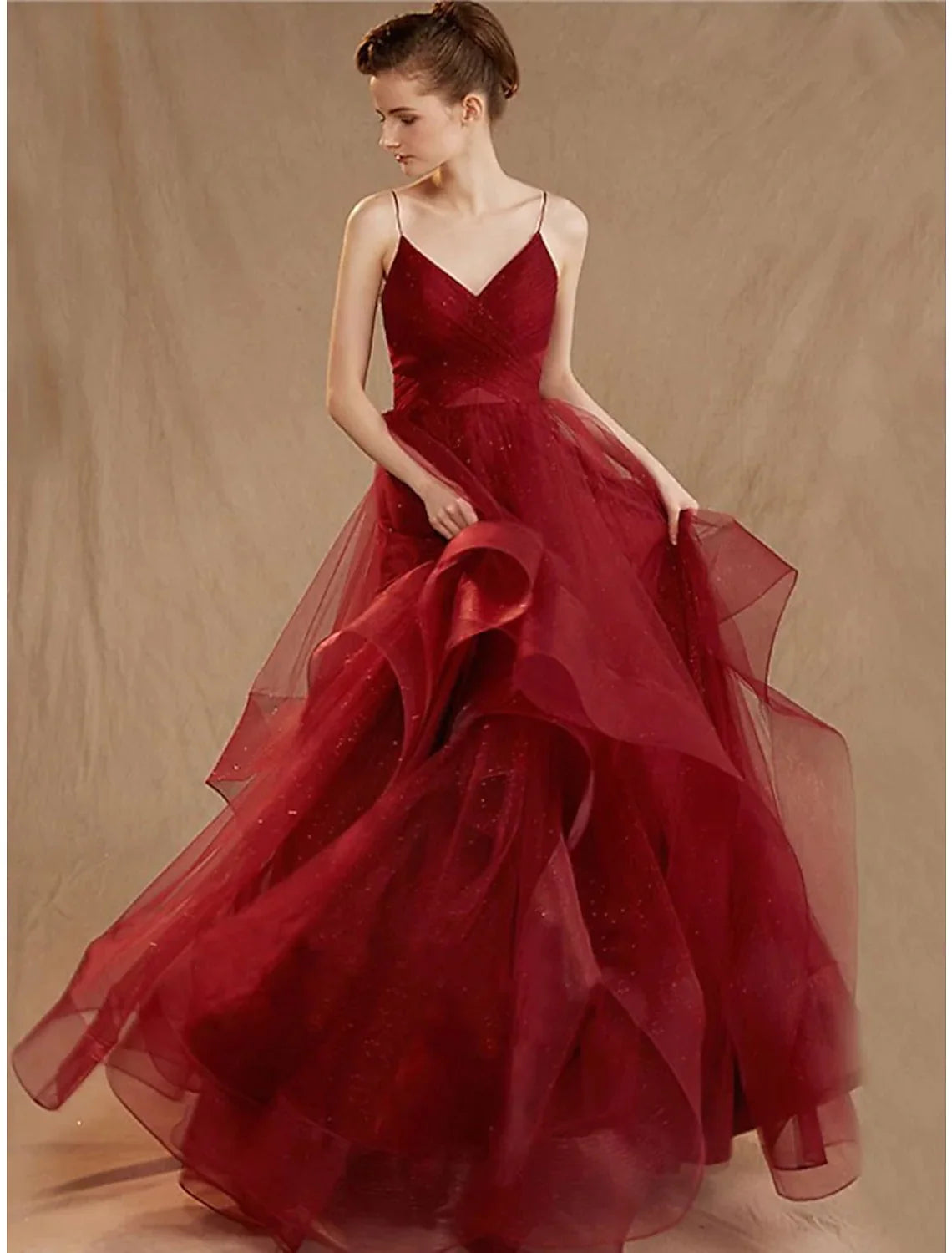 Ball Gown Elegant Dress Party Wear Floor Length Sleeveless V Neck Tulle V Back Sequin