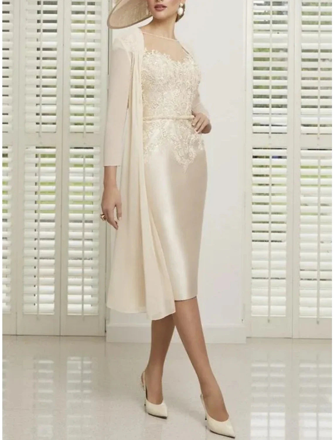Two Piece Mother of the Bride Dress Wedding Guest Elegant Petite Illusion Neck Knee Length Chiffon Satin Lace Long Sleeve with Ruching Solid Color