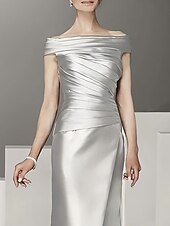 A-Line Mother of the Bride Dress Formal Wedding Guest Elegant Scoop Neck Off Shoulder Floor Length Ankle Length Italy Satin Cap Sleeve with Ruching