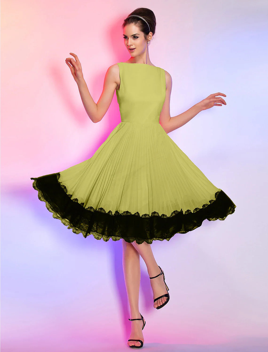 A-Line Cute Dress Homecoming Knee Length Sleeveless Boat Neck Pink Dress Chiffon with Lace