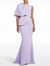 Mermaid / Trumpet Evening Gown Elegant Dress Formal Wedding Floor Length Sleeveless Jewel Neck Champagne Mother Of the Bride Dress Stretch Crepe with Shawl