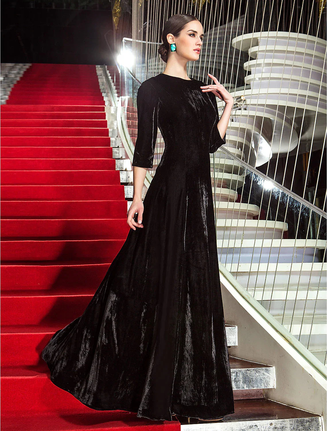 A-Line Celebrity Style Dress Wedding Guest Floor Length Length Sleeve Velvet with Pleats