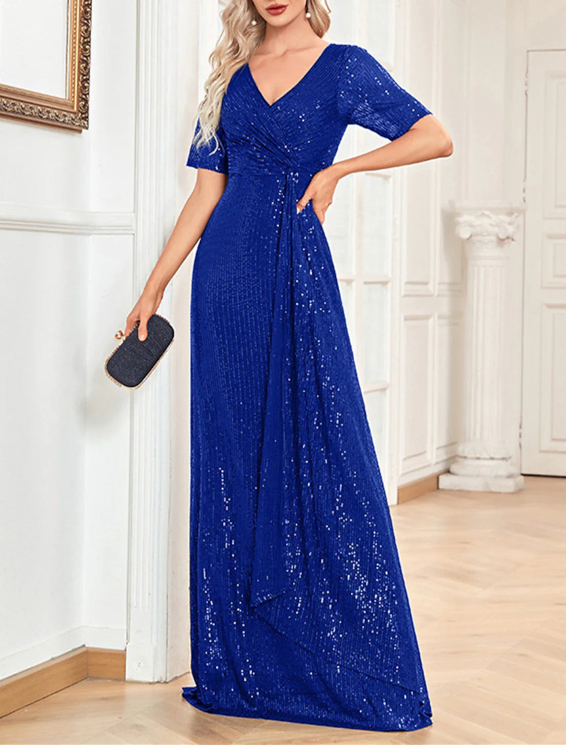 A-Line Party Dresses Sparkle & Shine Dress Formal Wedding Guest Floor Length Short Sleeve V Neck Sequined with Sequin