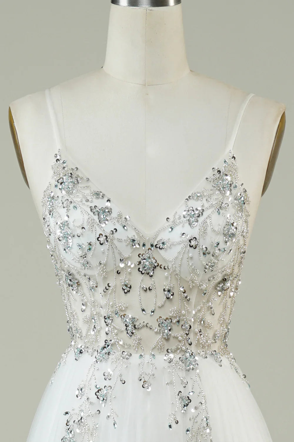 DingJiDress Gorgeous A Line Spaghetti Straps White Tulle Long Wedding Dress with Beading