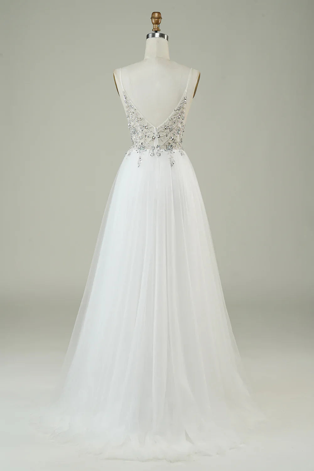 DingJiDress Gorgeous A Line Spaghetti Straps White Tulle Long Wedding Dress with Beading